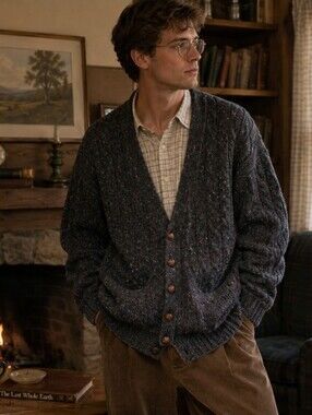 Vintage Charcoal Speckled Chunky Cable Knit Dropped Shoulder Cardigan Large